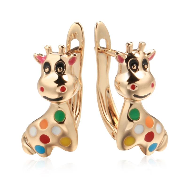Colorful Cow Pendant 585 Rose Enamel Earrings for Women