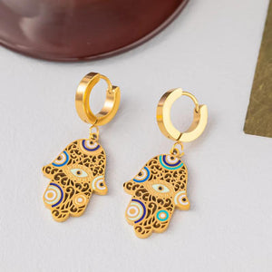 Hamsa Hand Evil Eye Hoop Earrings Stainless Steel Lucky Drop Earrings