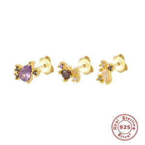 925 Sterling Silver Zircon Stud Earrings Rainbow Crystal Piercing Ear Studs
