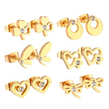 6pairs Stainless Steel Silver Stud Earrings Set Crystal Jewelry