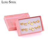 6pairs Stainless Steel Silver Stud Earrings Set Crystal Jewelry