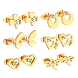 6pairs Stainless Steel Silver Stud Earrings Set Crystal Jewelry