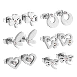 6pairs Stainless Steel Silver Stud Earrings Set Crystal Jewelry