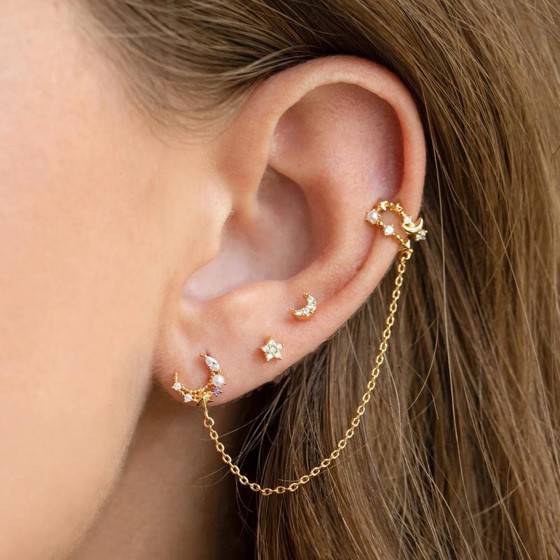 4 Pcs CZ Stud Earrings Set Star Moon Tassel Chain Ear Clip Party Jewelry