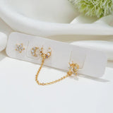 4 Pcs CZ Stud Earrings Set Star Moon Tassel Chain Ear Clip Party Jewelry