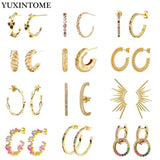 Crystal Colored Zircon Big C Hoop Stud Earrings 925 Sterling Silver Ear Needle