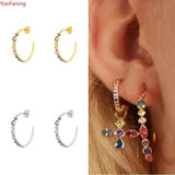 Crystal Colored Zircon Big C Hoop Stud Earrings 925 Sterling Silver Ear Needle
