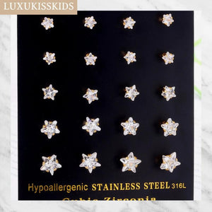5 Pairs Star Crystal Studs Earrings Set Stainless Steel Piercing Pack