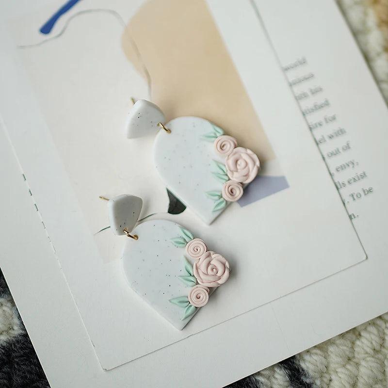 Vintage Flowers Pink Polymer Clay Dangle Earrings Jewelry