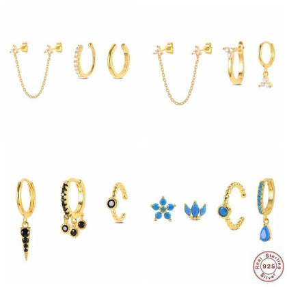925 Silver Earring Set for Women - Stud Hoop Cuff Ears Jewel Turquoise