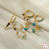 925 Silver Earring Set for Women - Stud Hoop Cuff Ears Jewel Turquoise