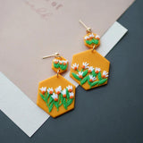 Daisy Flower Square Pendant Succulent Hexagon Beige Polymer Clay