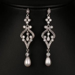 Simulated Pearl CZ Bridal Long Earrings Party Jewelry