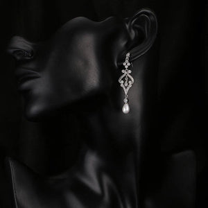 Simulated Pearl CZ Bridal Long Earrings Party Jewelry