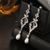 Simulated Pearl CZ Bridal Long Earrings Party Jewelry