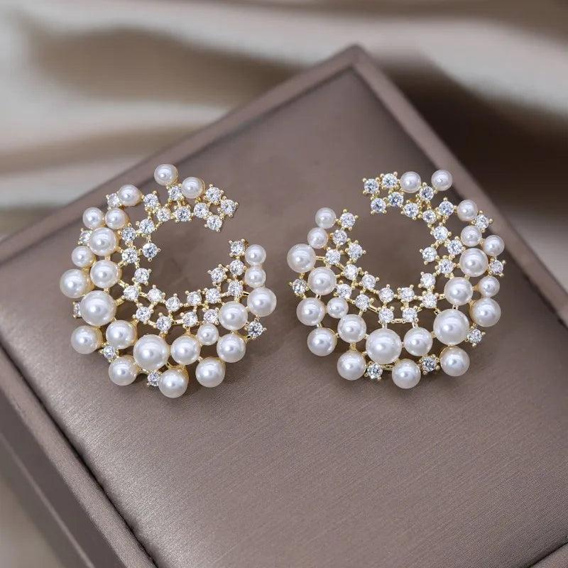 Delicate Copper Set Zircon Pearl Moon Earrings