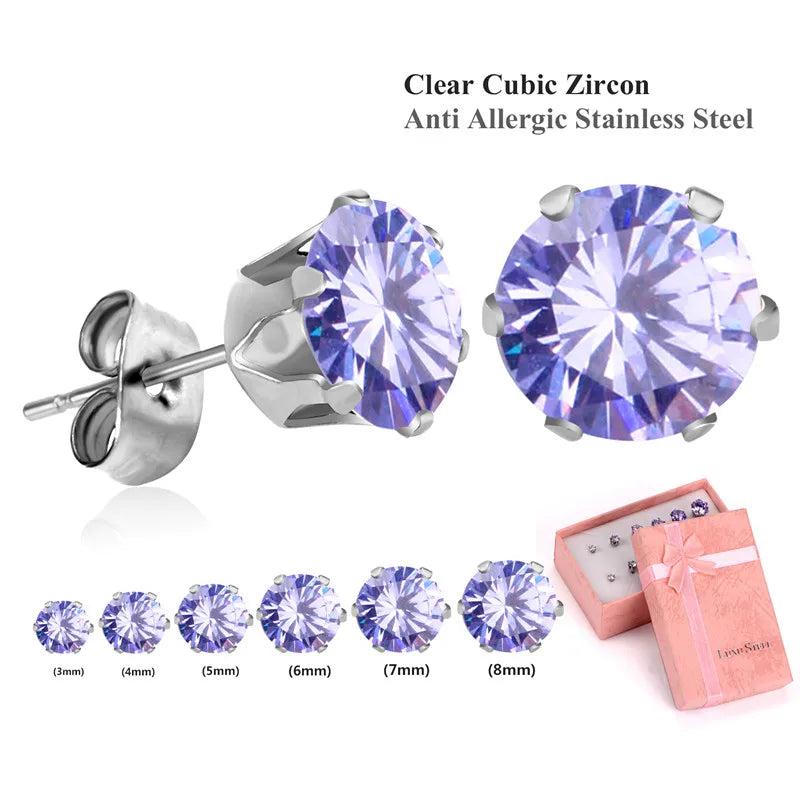 6Pairs Stainless Steel CZ Stud Earrings Set 3-8mm