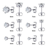 6Pairs Stainless Steel CZ Stud Earrings Set 3-8mm