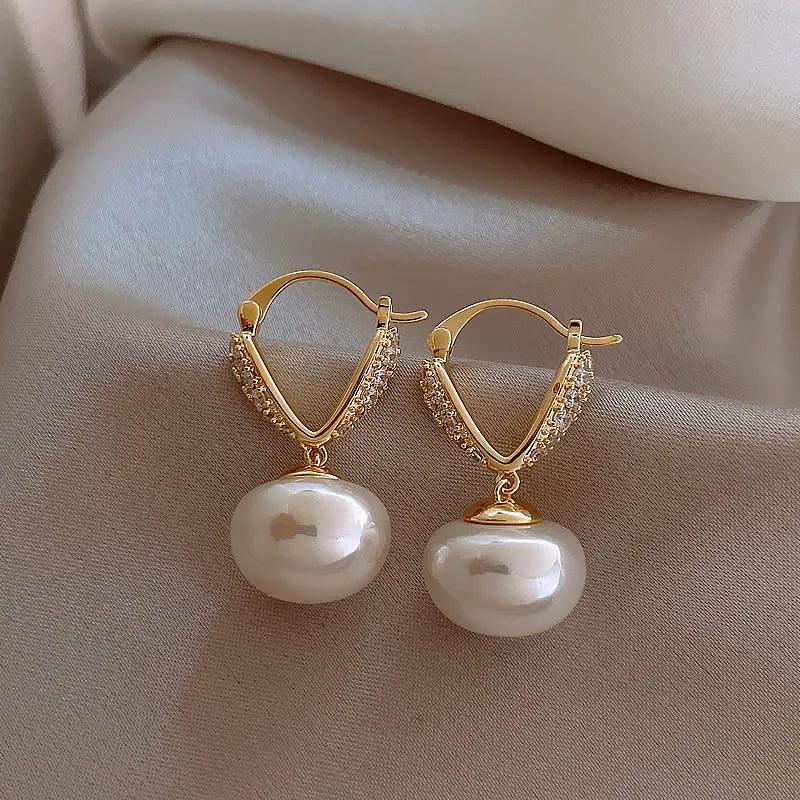 14K Plated Letter V Love Zircon Pearl Pendant Earrings Women's Party Accessories