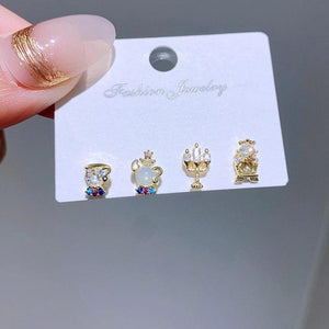 4pcs Sweet Princess Stud Earrings Girls Cubic Zircon Gift Jewelry