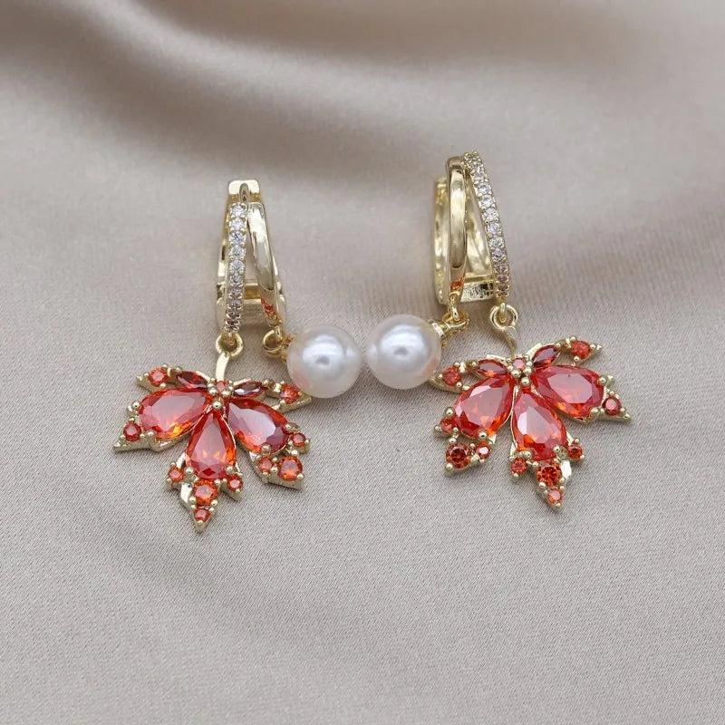 14K Plated Tassel Maple Leaf Zircon Earrings