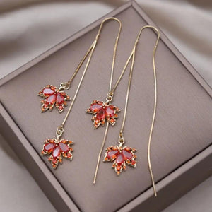 14K Plated Tassel Maple Leaf Zircon Earrings