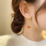 14K Plated Tassel Maple Leaf Zircon Earrings