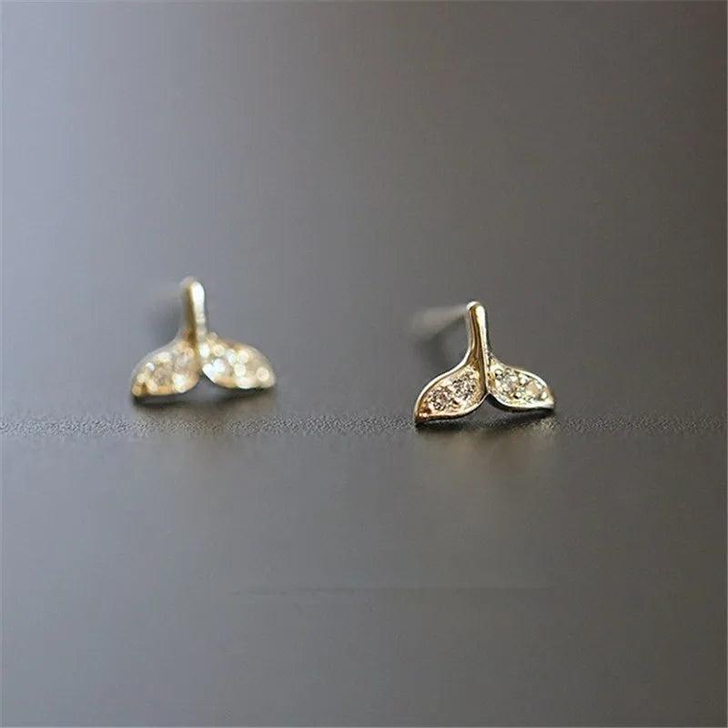 925 Silver Whale Tail Stud Earrings 14k Plating Crystal Romantic Birthday Gift