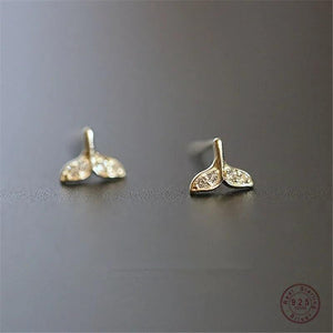 925 Silver Whale Tail Stud Earrings 14k Plating Crystal Romantic Birthday Gift
