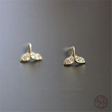 925 Silver Whale Tail Stud Earrings 14k Plating Crystal Romantic Birthday Gift