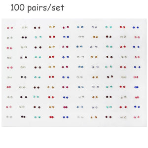 100 Pair Crystal Stud Earrings Set Girl Baby Plastic Mini Jewelry Birthday Gift