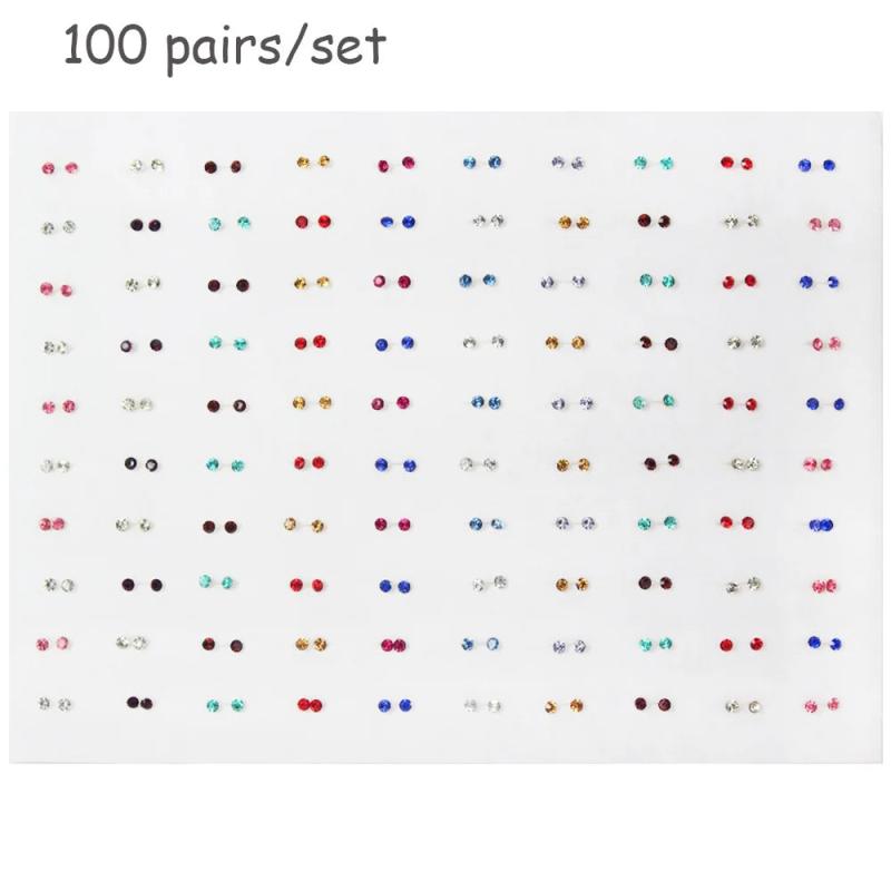 100 Pair Crystal Stud Earrings Set Girl Baby Plastic Mini Jewelry Birthday Gift