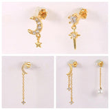 Silver Zircon Moon Star Charm Mismatched Earrings Set
