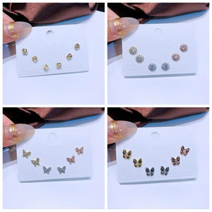 3 Pairs/Set CZ Crystal Flower Butterfly Stud Earrings Women Jewelry