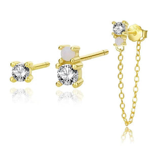 QINHONG 3Pc/Set 925 Silver Asymmetric Zircon Tassel Stud Earrings