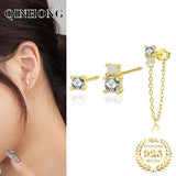 QINHONG 3Pc/Set 925 Silver Asymmetric Zircon Tassel Stud Earrings