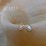 Geometric Square Opal Stud Earrings with Zircon - Women's Jewelry Accessories