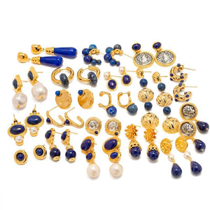 Vintage Lapis Cast Earring 18K Plated Jewelry Gift