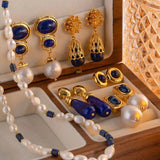 Vintage Lapis Cast Earring 18K Plated Jewelry Gift