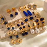 Vintage Lapis Cast Earring 18K Plated Jewelry Gift