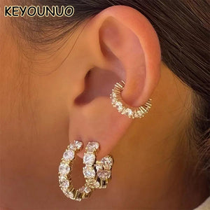 Deluxe CZ Stud Earrings Set Zircon Hoop Cuffs Party Wedding Jewelry