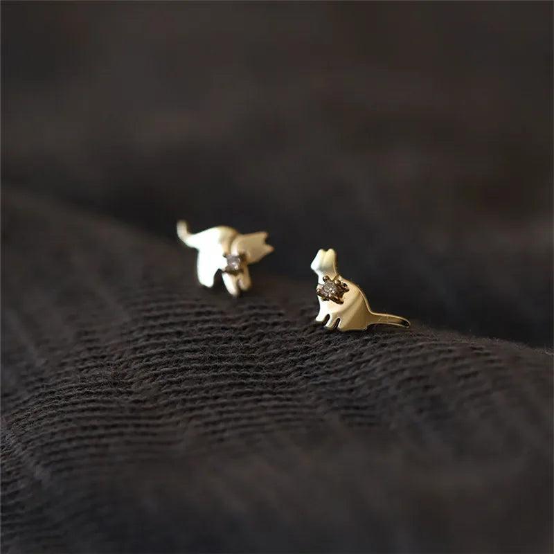 925 Silver Cat Stud Earrings Women 14K Plated Small Party Jewelry