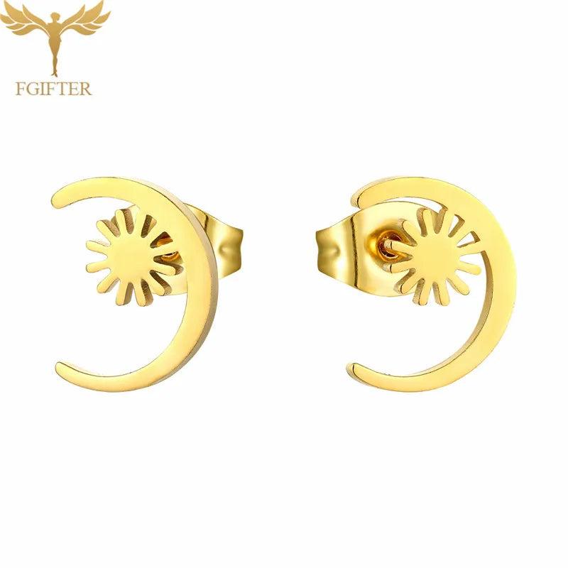 Moon Stud Earrings Stainless Steel Ear Cuff Set