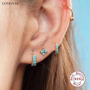 925 Silver Turquoise Hoop Earrings Set - Minimalist Fine Jewelry