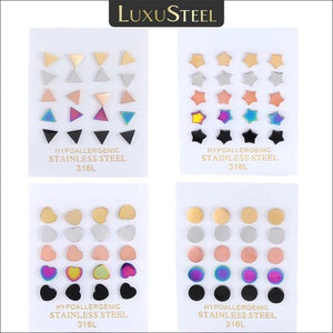 10 Pairs Colorful Steel Stud Earrings Set Triangle Round Star Heart