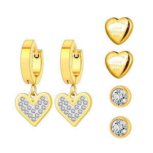Heart Charm Earrings Set CZ Crystal Stainless Steel Women Gift E23189