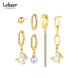 Stainless Steel CZ Crystal Butterfly Earrings Set Anti-rust Ear Jewelry