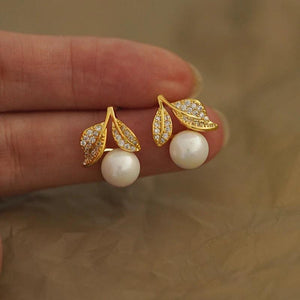 Zircon Leaf Pearl Earrings for Women
