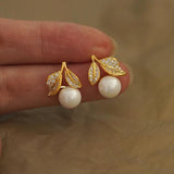 Zircon Leaf Pearl Earrings for Women