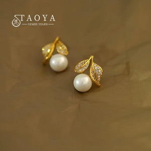 Zircon Leaf Pearl Earrings for Women